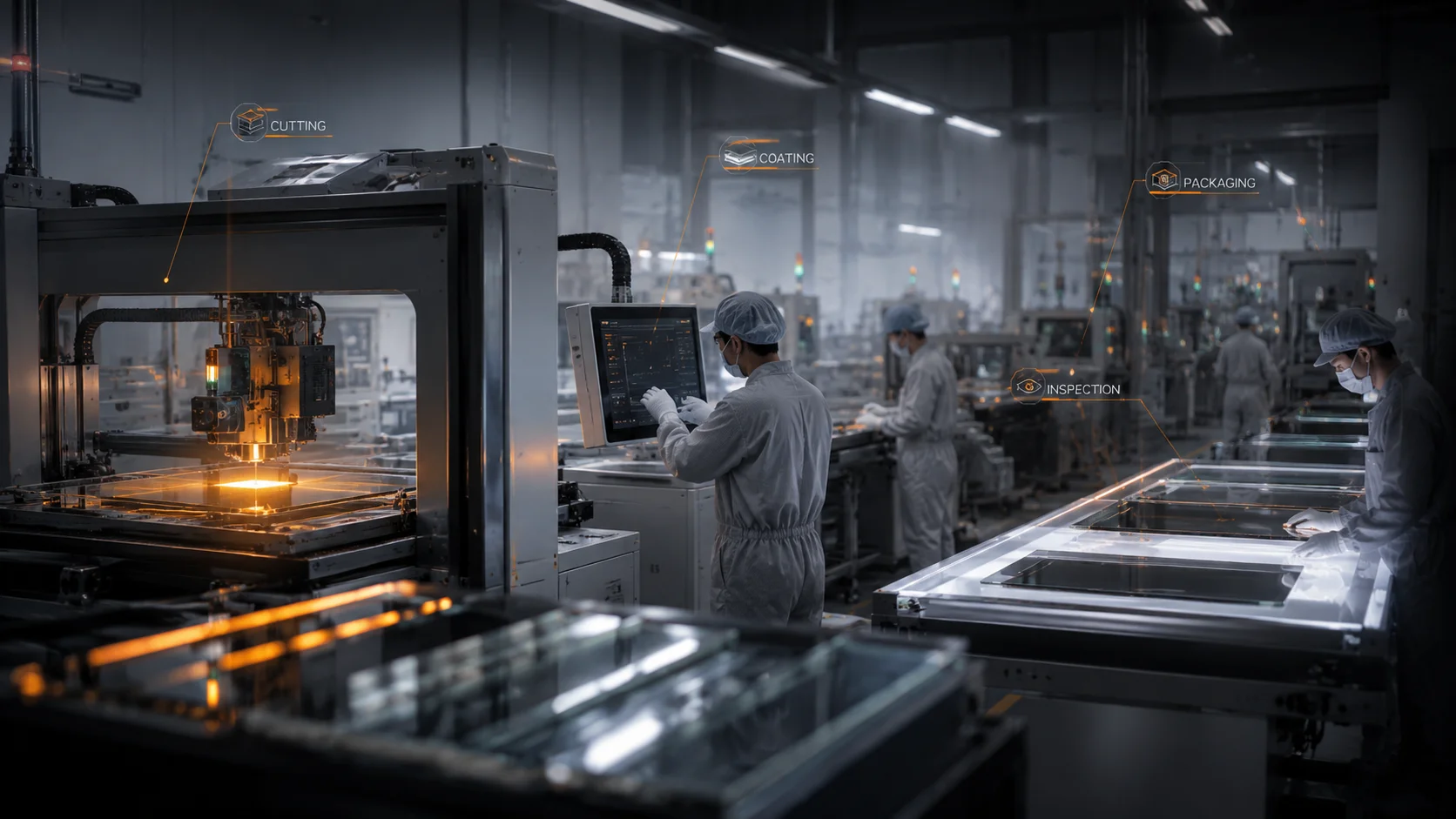 HSONE manufacturing capability visual showing cleanroom tempered glass production